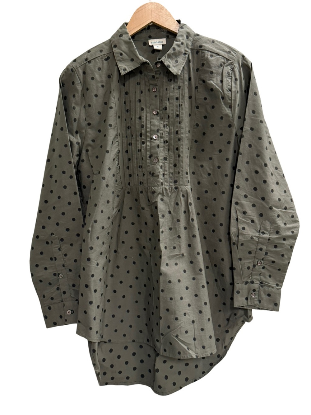 Sundance Olive Green Black Polka Dot m Shirt Women’s Medium 100% Cotton